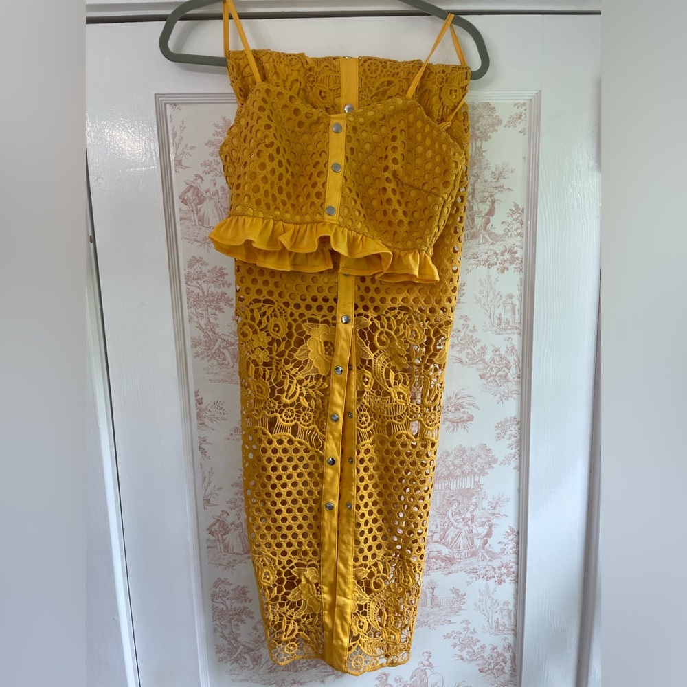 Mustard yellow lace midi skirt set with crop top